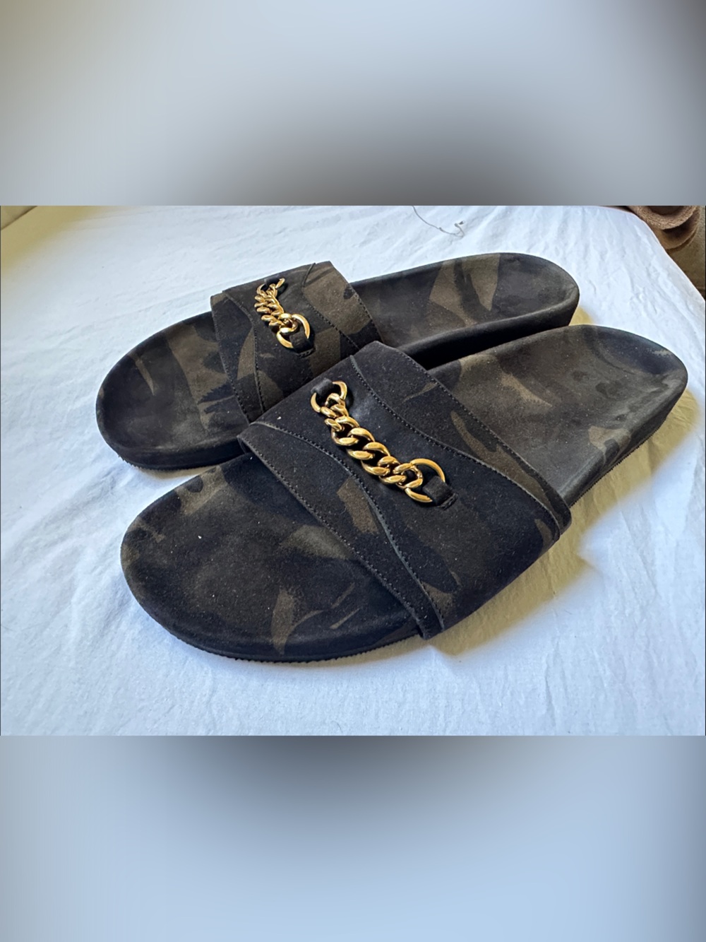 Tom Ford Gold Chain Accent Green Black Camouflage Men’s Slide Sandals Size 12T